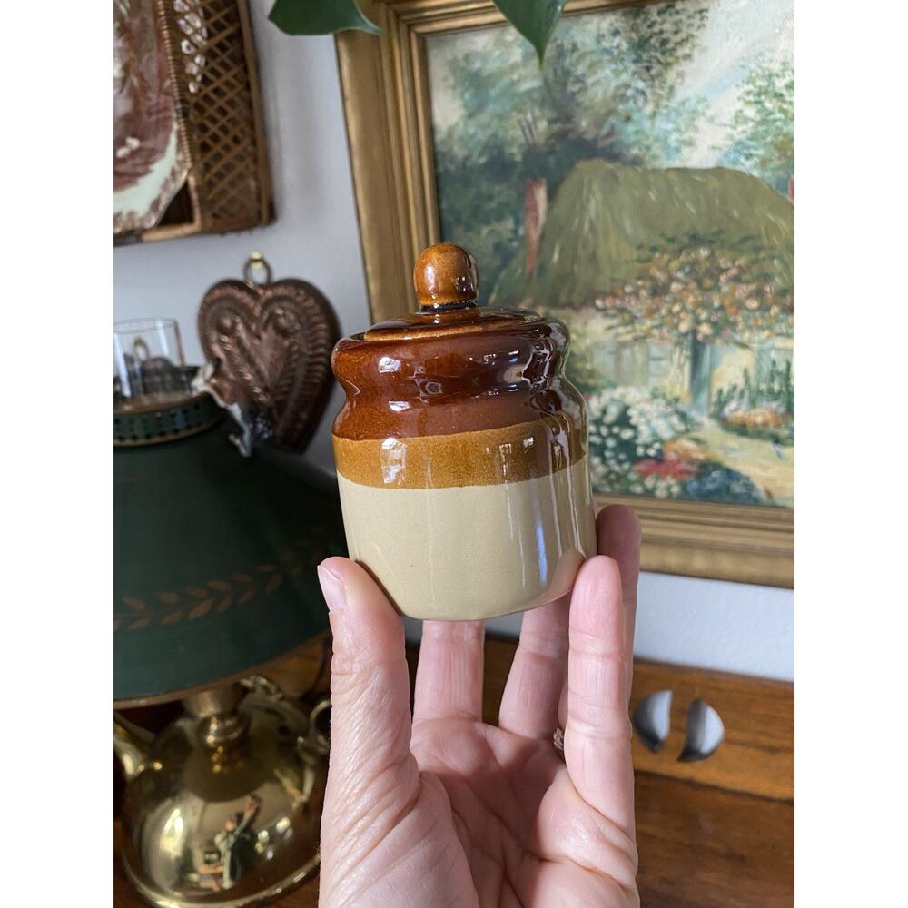 Vintage Mini Crock Pottery Jar With Lid 3 Tone Brown Lidded Condiment Jar